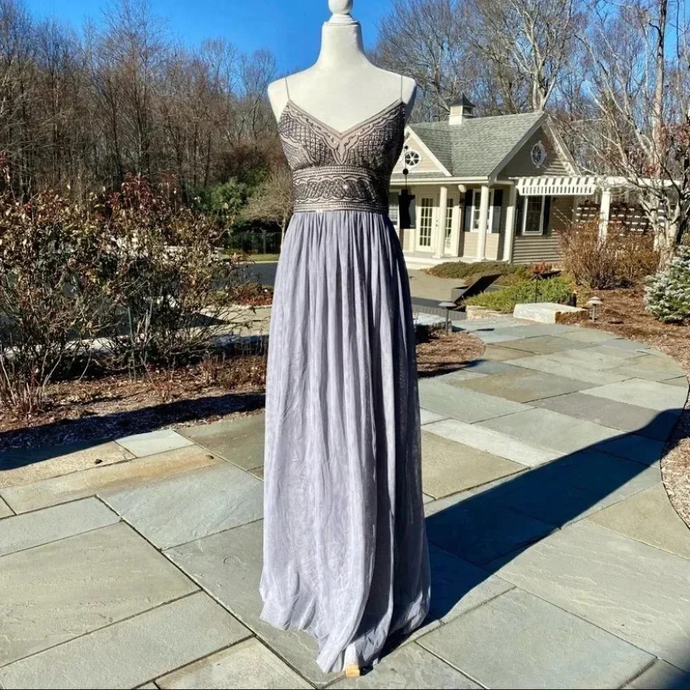 NWT Adrianna Papell Aida Beaded Formal Maxi Dress in Silver Gray Size 14